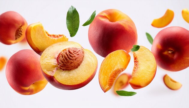 ripe peaches and slices falling and spinning on white background