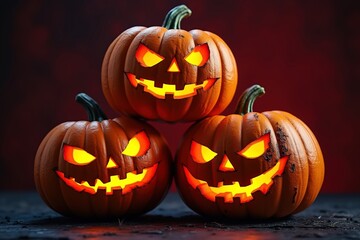 Obraz premium Stacked Halloween Pumpkins with Glowing Faces A Trio of Jack o Lanterns for the Autumn Holiday Season