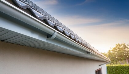 gray pvc roof gutter in perspective install at edge roof sheet on building with gravity slope for collect rainwater falling on roof sheets and rain to public street gutter look straight and clean