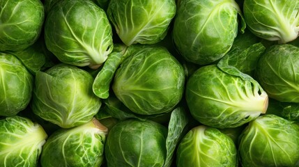 A vibrant display of fresh Brussels sprouts arranged closely together, highlighting their rich green color and healthy appeal, perfect for promoting nutritious eating and culinary creativity.