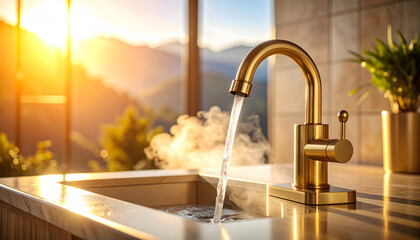 Modern Kitchen with Stainless Steel Sink and Mountain Sunset View