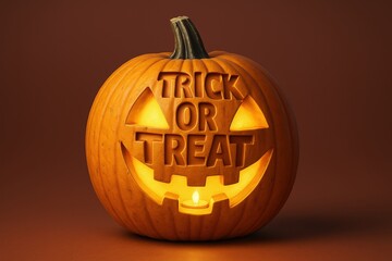 Obraz premium A Glowing Jack O Lantern with Trick or Treat Carved into its Face for a Halloween Decoration