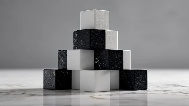 Stacked Black and White Cubes on Marble Surface with Gray Background