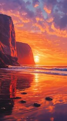 Vibrant Sunset Over Coastal Cliffs and Wet Sand Reflection