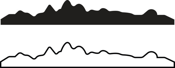 Set of mountain silhouette or vintage hill peak for forest logo or nature landscape designs. Camping or climbing sports and travel icons flat and outline styles. Outdoor hiking adventure illustration.