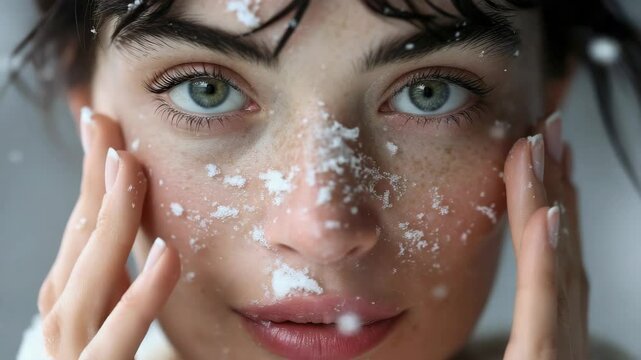 Woman's face covered in falling snow, expressing sensuality and care for her skin.