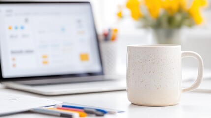 A cozy workspace with a laptop, colorful stationery, and a minimalist cup, perfect for remote work and creative inspiration.