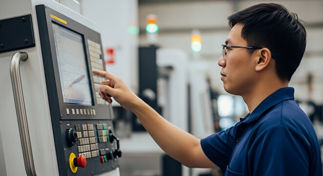 Technician Operating Cnc Machine Control Panel in a Manufacturing Setting