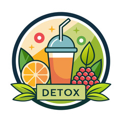 Healthy detox drink with fresh fruits and leaves in a circular emblem