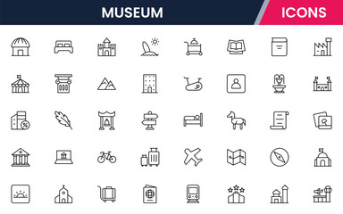 Vector illustration web line icon collection for museum: artifacts, exhibits, culture, and history symbols in a refined, modern, and elegant design style.