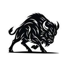 Silhouette of Cartoon vector bison rearing up with Raised Tail , Silhouette of a charging bison in full motion, head down and muscles tensed, rendered in aggressive tribal vector style © Nila