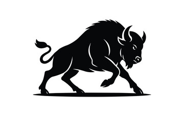 Silhouette of Cartoon vector bison rearing up with Raised Tail , bison leaping forward with bold lines and expressive face, front legs lifted, tail raised 
