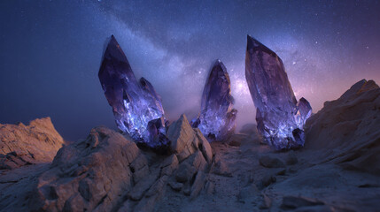 Glowing alien crystals emerge from desert sandstone under a cosmic aurora, creating an otherworldly landscape.