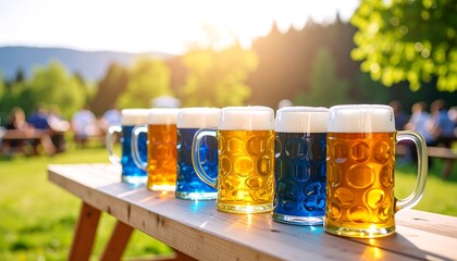 Decorative beer steins displayed in cheerful outdoor scene with festival vibes