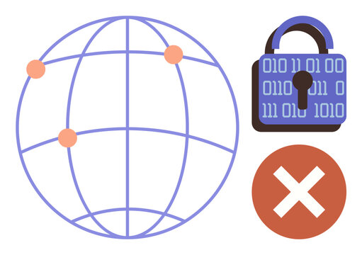 Globe with datapoints, binary lock, and red cross to express cybersecurity, data loss, online threats. Ideal for security, data, internet protection technology hacking privacy themes. Simple flat