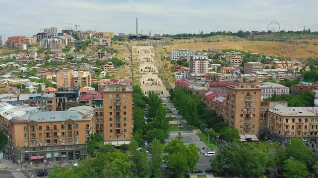 Aerial View of the Cascade Complex in Yerevan, Armenia.  A major cultural and architectural landmark in the South Caucasus. The modern stairway in the city.
