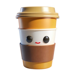 Cartoon Coffee Cup with Face Isolated on Transparent Background, Cute Beverage for Morning and Break