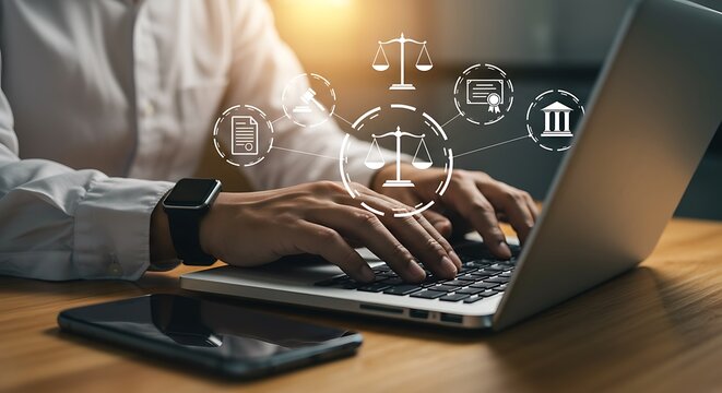 Legal tech concepts depicted with a person working on a laptop and law icons