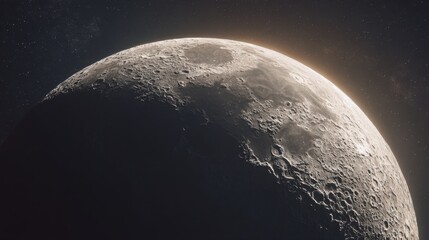 Naklejka premium Detailed Lunar Surface CloseUp with Visible Craters, Bumps, and Faint Stars in the Background