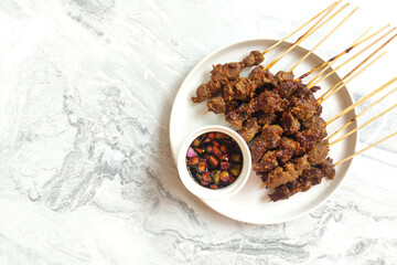 Sate maranggi. Indonesian traditional beef satay. with copy space.