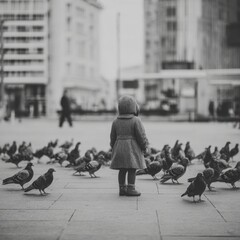 Little Girl in Coat and Hood Surrounded by Birds in Urban Square Black and White Serene Scene
