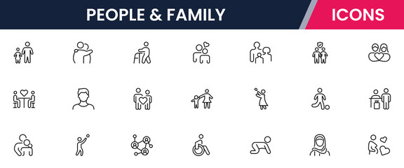 Vector line icons of parents, children, home, love, activities, family time, relationships, bonding, and care ideal for apps and websites.