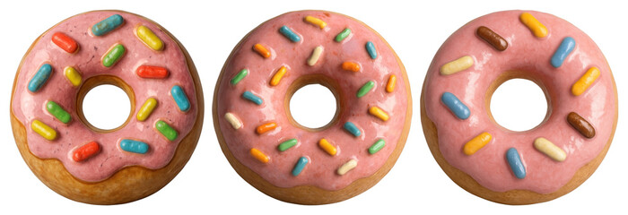 Fototapeta premium PNG Colorful sprinkled pink donuts, element set on transparent background