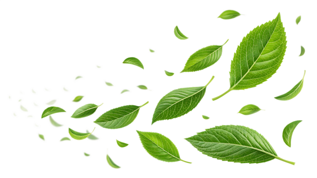 Green leaves fly with a gust of wind on white background PNG. AI GENERATED