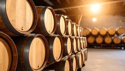 Classic cellar full of wooden beer casks under warm moody lighting