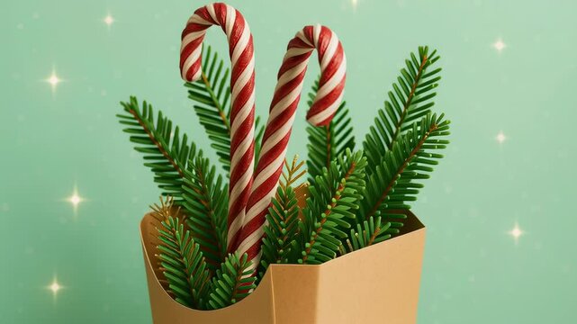 Festive candy canes arranged with evergreen pine branches in a paper bag against a sparkling mint green background for holiday season