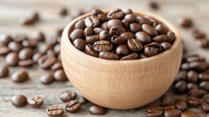 Fototapeta premium A rustic wooden bowl filled with rich, roasted coffee beans scattered on a wooden surface, showcasing coffee's natural beauty.