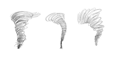 Black and white tornado outline vector sketch in energetic pen strokes. Abstract ink art of swirling wind motion in hurricane for logos, posters and sci fi themes. Spiral minimalist line illustration.