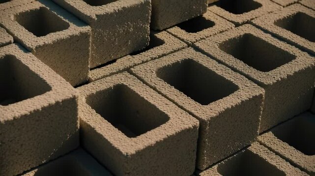 Concrete cinder blocks stacked in rows for construction project during daytime with textured surfaces and geometric patterns