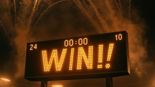 Digital scoreboard displays win!! with final game score and fireworks celebrating a victorious moment at a sports stadium