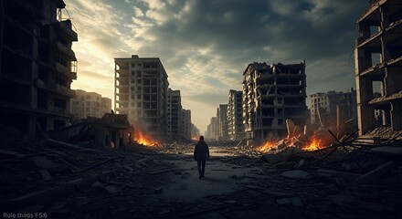 Walking Through Post-apocalyptic City Ruins with Fire and Destruction