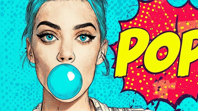 Una joven con un chicle azul en la boca, capturada en un estilo de c&oacute;mic vibrante.