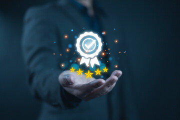 Checklist performance concept, Businessman show the icon on hand in front of him. Approved and...