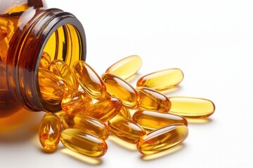 Liquid omega fish oil capsules spilled from bottle on white background nutritional supplement photography isolated product view health concept