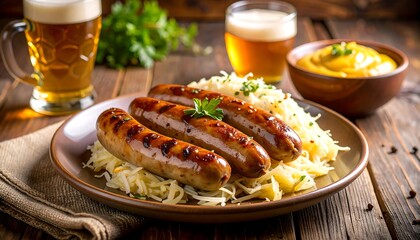 Rustic food composition with sausages, sauerkraut, and mustard in folk-style dish