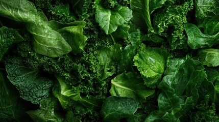 A lush display of fresh leafy greens including kale and spinach, showcasing their vibrant hues and textures, perfect for promoting healthy eating and nutrition.