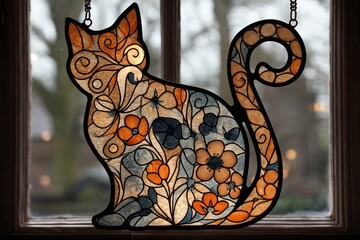 Un gato de cristal con motivos florales se exhibe contra un fondo de ventanilla con vistas a un paisaje invernal borroso.