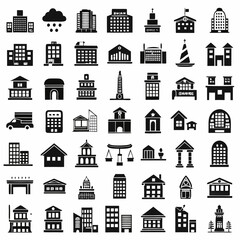 Collection of various building icons representing different architectural styles and functions