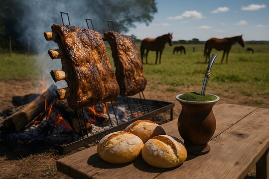 Traditional Brazilian BBQ Ribs Roasting Over Open Fire with Bread and Chimarrão in Countryside