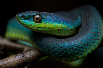 A photo of an elegant blue snake coiled on a branch, snake, reptile.