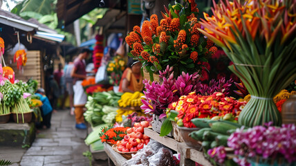 A colorful flower market bustles with exotic tropical blooms, offering a vibrant cultural experience in Indonesia.