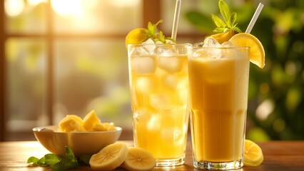 Two refreshing glasses of citrus drinks with ice, garnished with lemon slices and mint, set on a wooden table near a sunlit window.