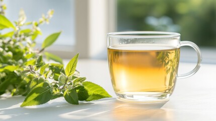 A serene scene featuring a glass of herbal tea beside fresh herbs, perfect for conveying relaxation and wellness.