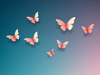 Delicate paper pink butterflies flying upward against gradient dark blue purple healing and transformation concept background copy space