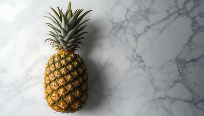 detailed and close-up photograph of a yellow pineapple, marble surface, high quality, natural lighting, sharp focus, minimalist background, 4K and HD image