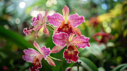 Obraz premium Pink orchid blossoms flourish in a vivid tropical landscape, representing the elegance and diversity of Indonesian flora.